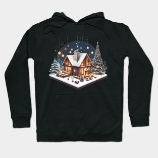 a warm and inviting cabin surrounded by a snowy landscape. there's elements like a crackling fireplace, decorated Christmas tree, and perhaps a family or group of friends enjoying the holiday season inside. Hoodie